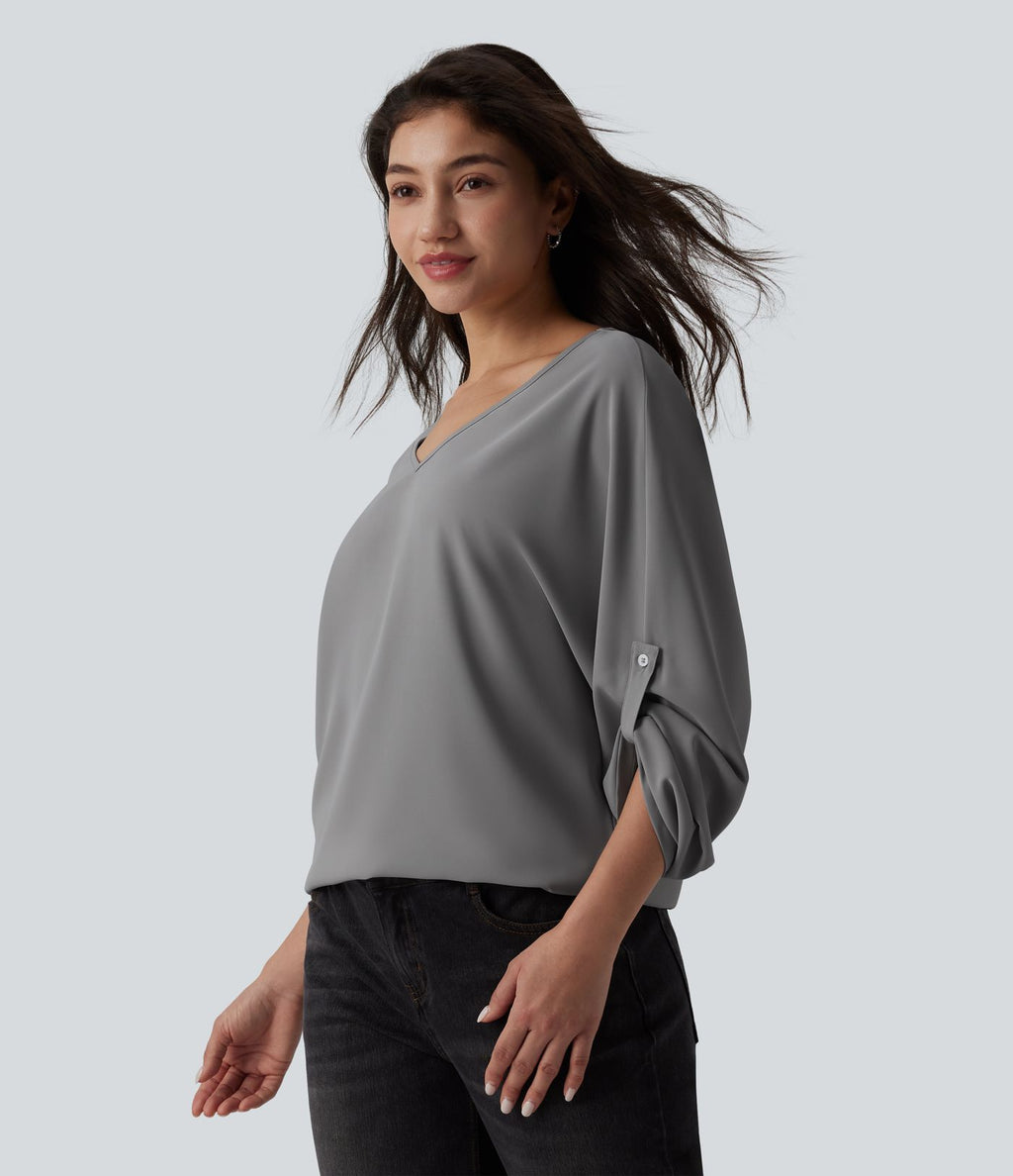 Blouse esprit bureau défroissage facile, col V et manches longues