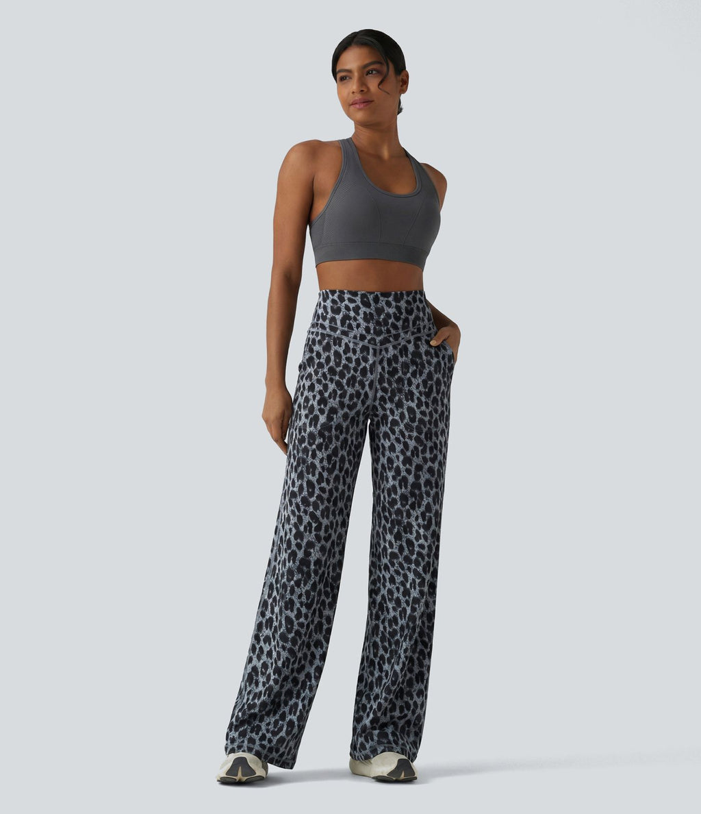 Pantalon de yoga jambes droites taille haute gainant imprimé léopard Halara UltraSculpt™ avec poches