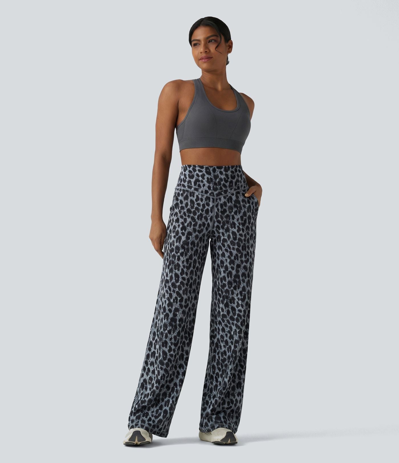 Pantalon de yoga jambes droites taille haute gainant imprimé léopard Halara UltraSculpt™ avec poches