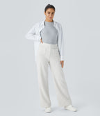 Pantalon Jogging en Fleece Thermique Jambe Droite Boutons Taille Haute Plusieurs Poches
