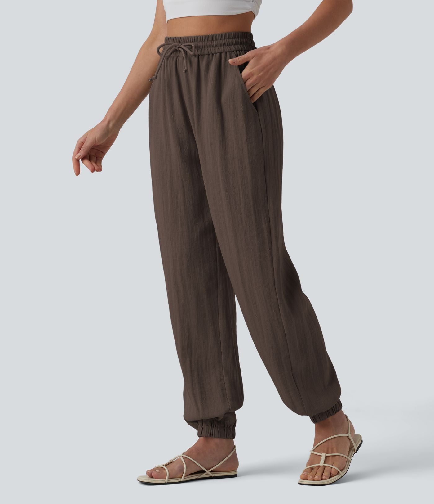 Jogging casual large ample taille haute aspect lin à cordon de serrage avec poches