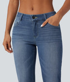 Jean décontracté Halara Flex™ taille basse à jambes droites avec bouton, fermeture éclair, multiples poches, effet délavé en maille extensible