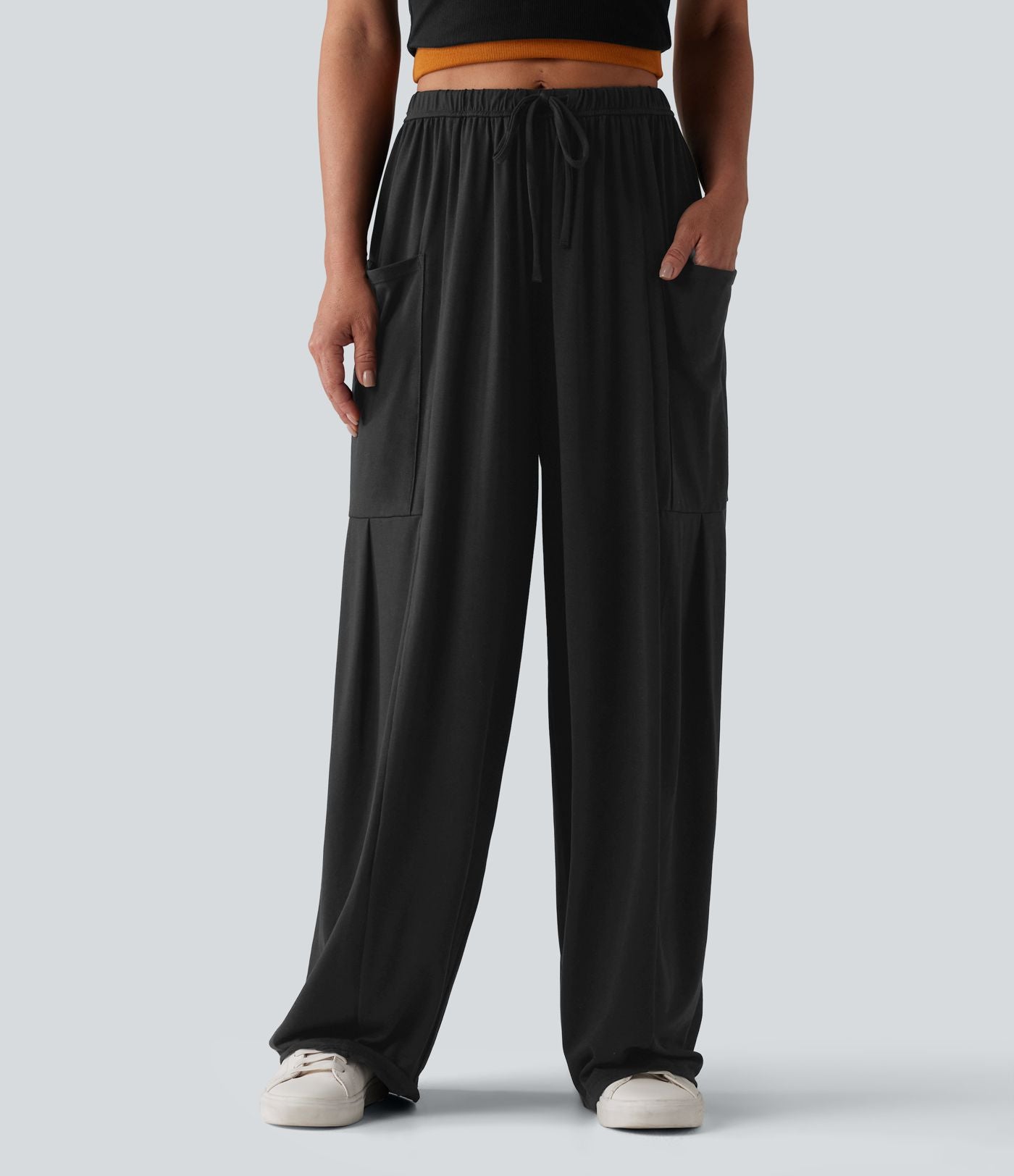Pantalon large décontracté chiné taille mi-haute avec cordon de serrage avec poches