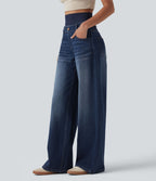 Jean large délavé Halara Flex™ taille haute gainant avec poches
