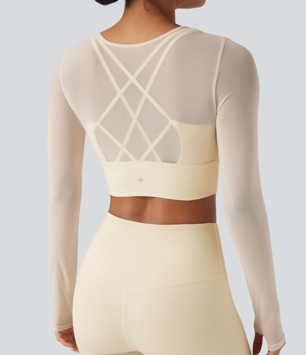 Haut de sport yoga cropped 2-en-1 manches longues mesh contrastant à trous pouces