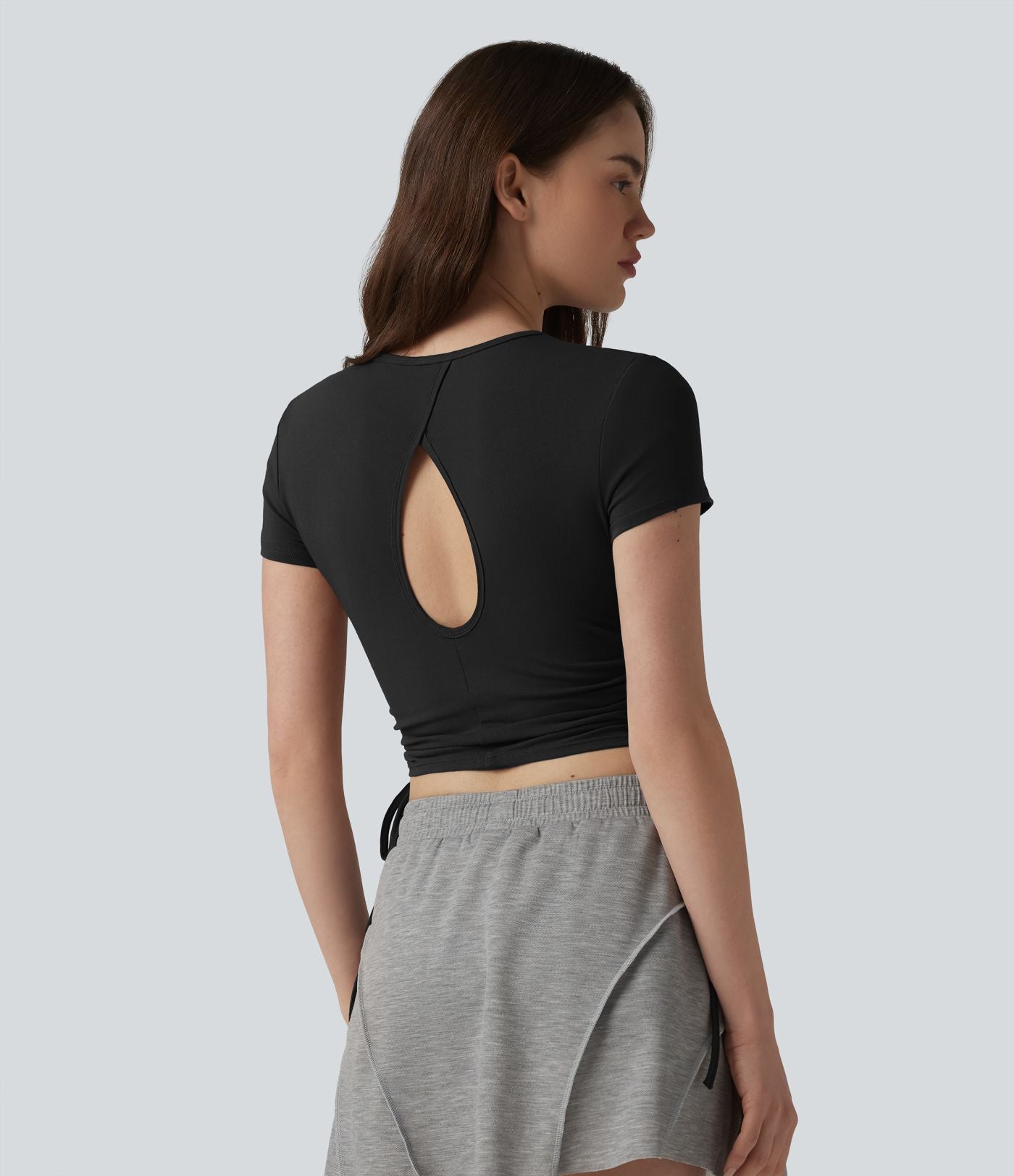 Halara T-shirt décontracté en jersey de coton à col rond, cordon de serrage, dos froncé et ouverture goutte