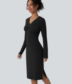 Robe midi col V manches longues froncée avec fente - Idéale pour le bureau