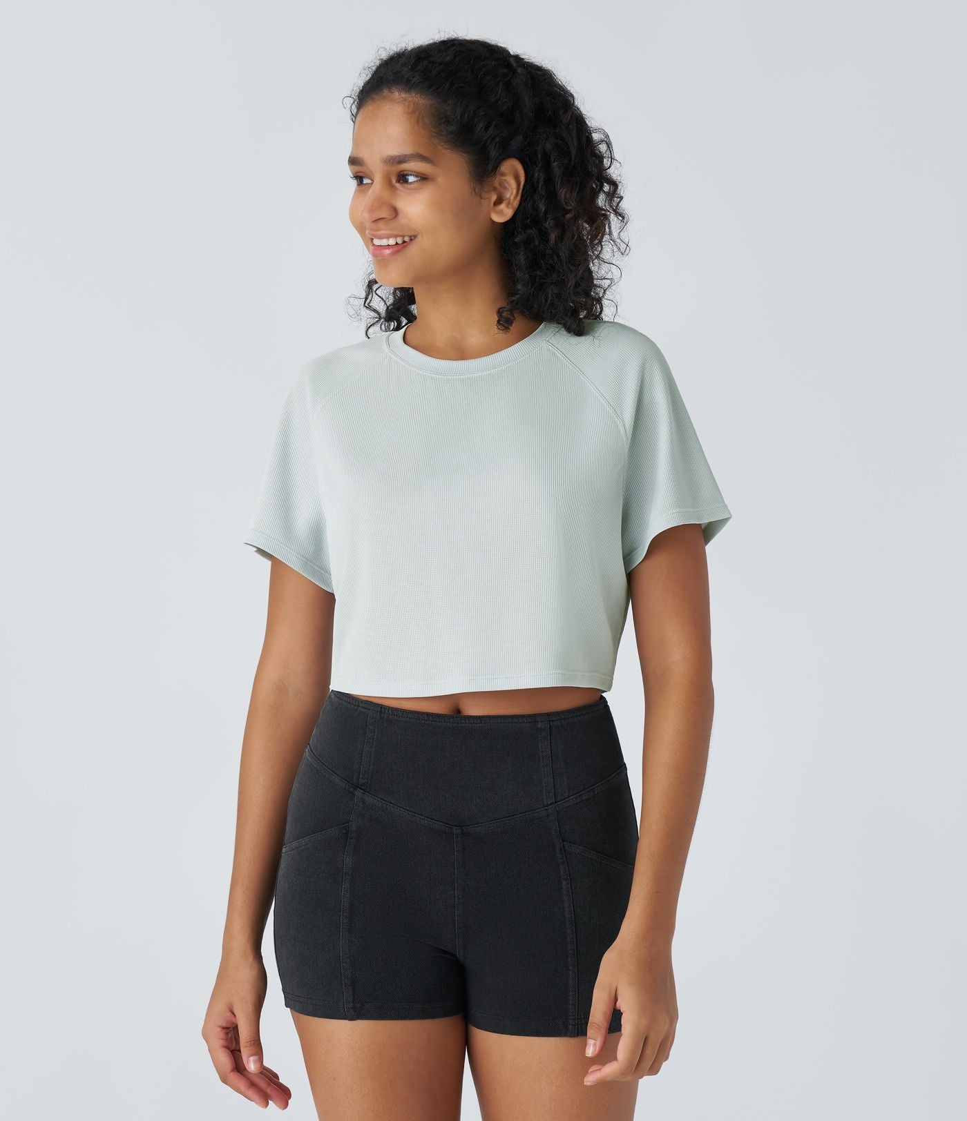 T-shirt Casual Court Tissu Gaufré Uni à Manches Raglan
