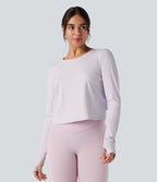 Top de sport yoga col rond manches longues mesh contrastant à découpes liens dans le dos avec trous pouces