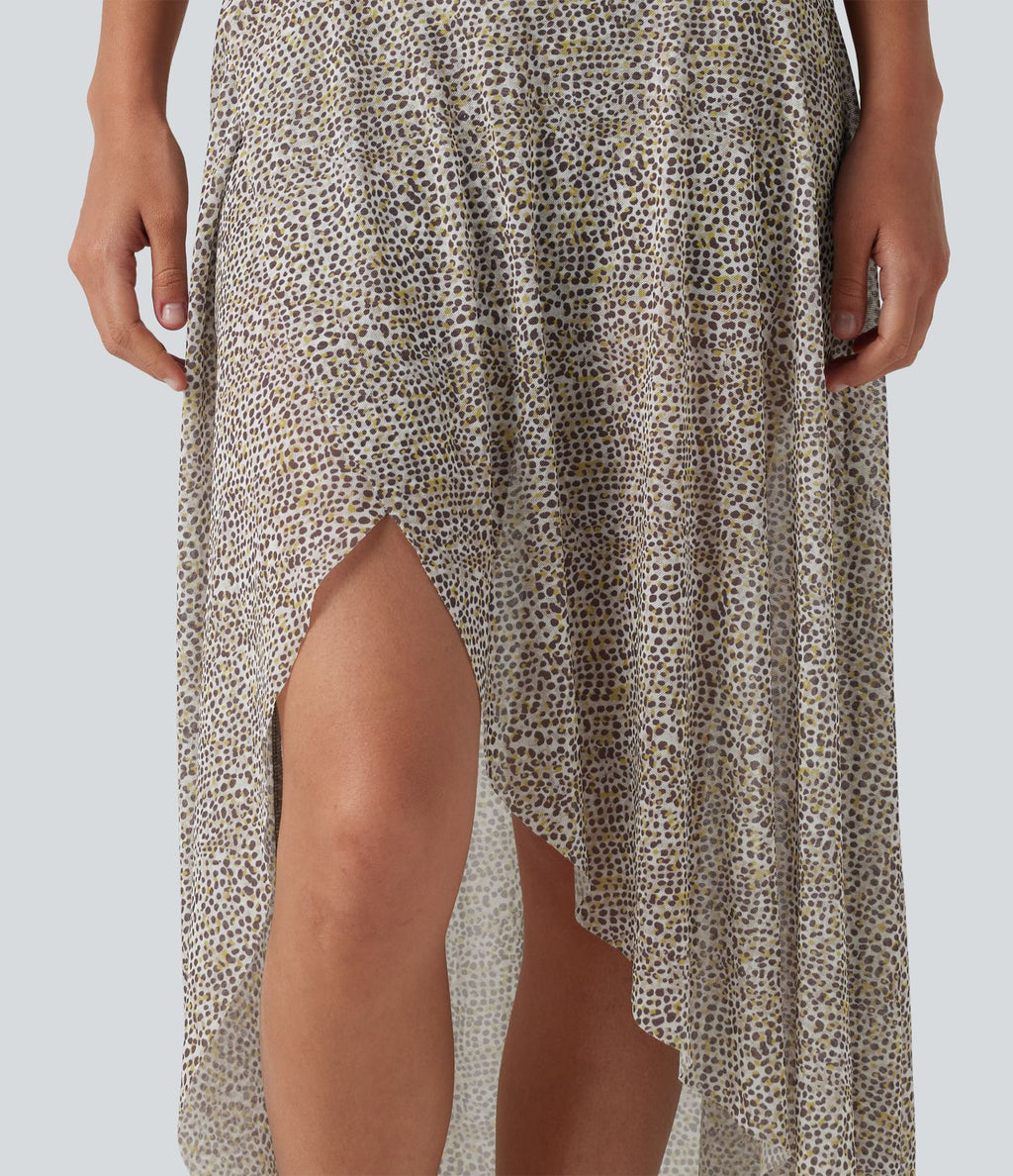 Jupe longue en mesh imprimé léopard taille haute asymétrique à volants 2 en 1