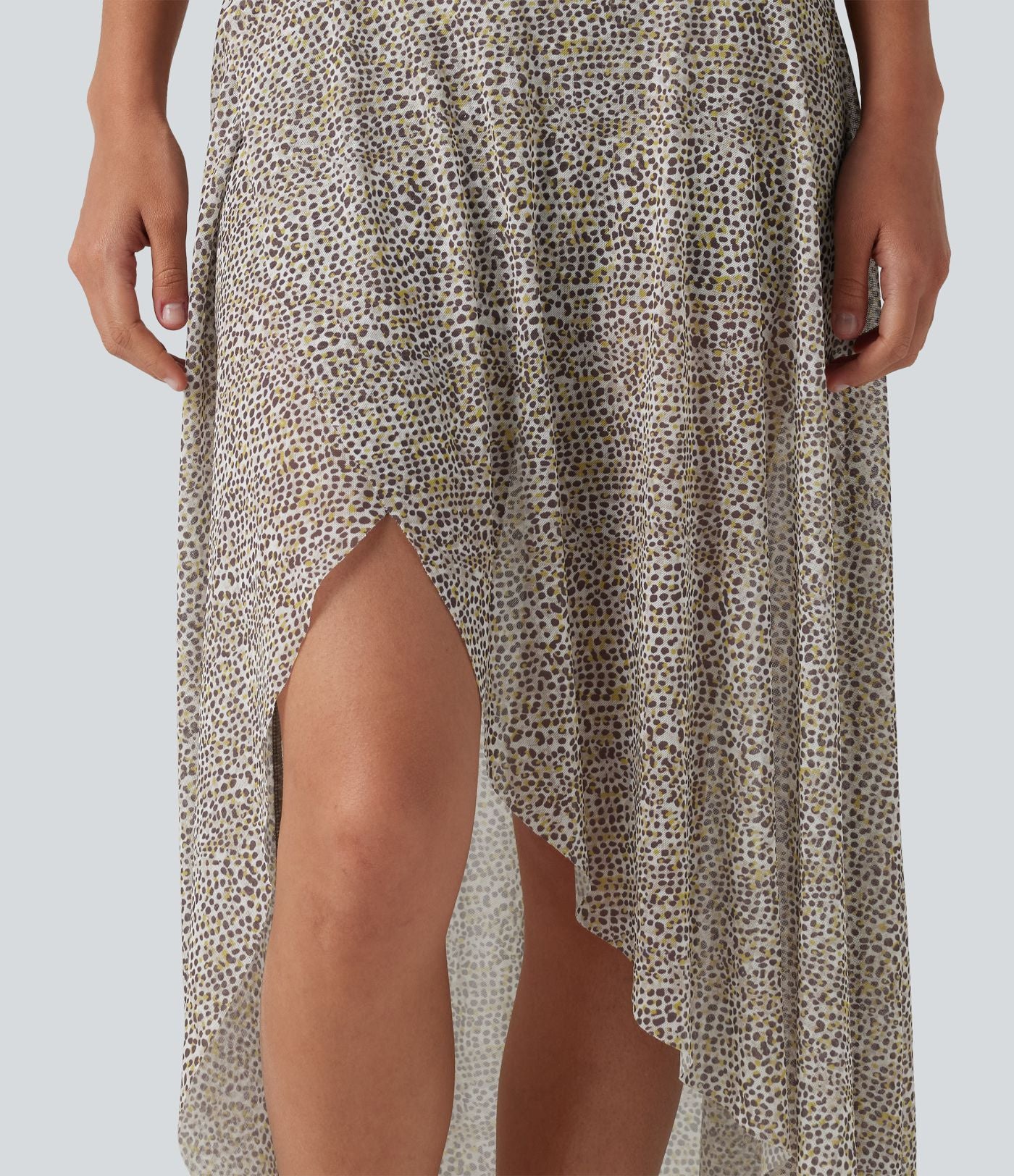Jupe longue en mesh imprimé léopard taille haute asymétrique à volants 2 en 1