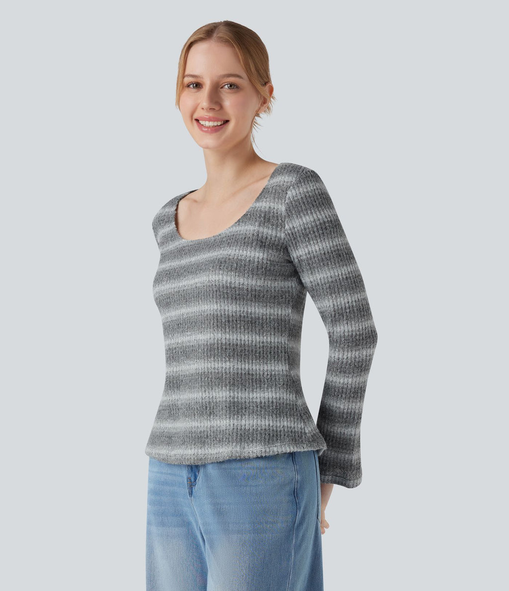 T-shirt tricoté décolleté rond à manches longues en maille gaufrée à rayures dégradées