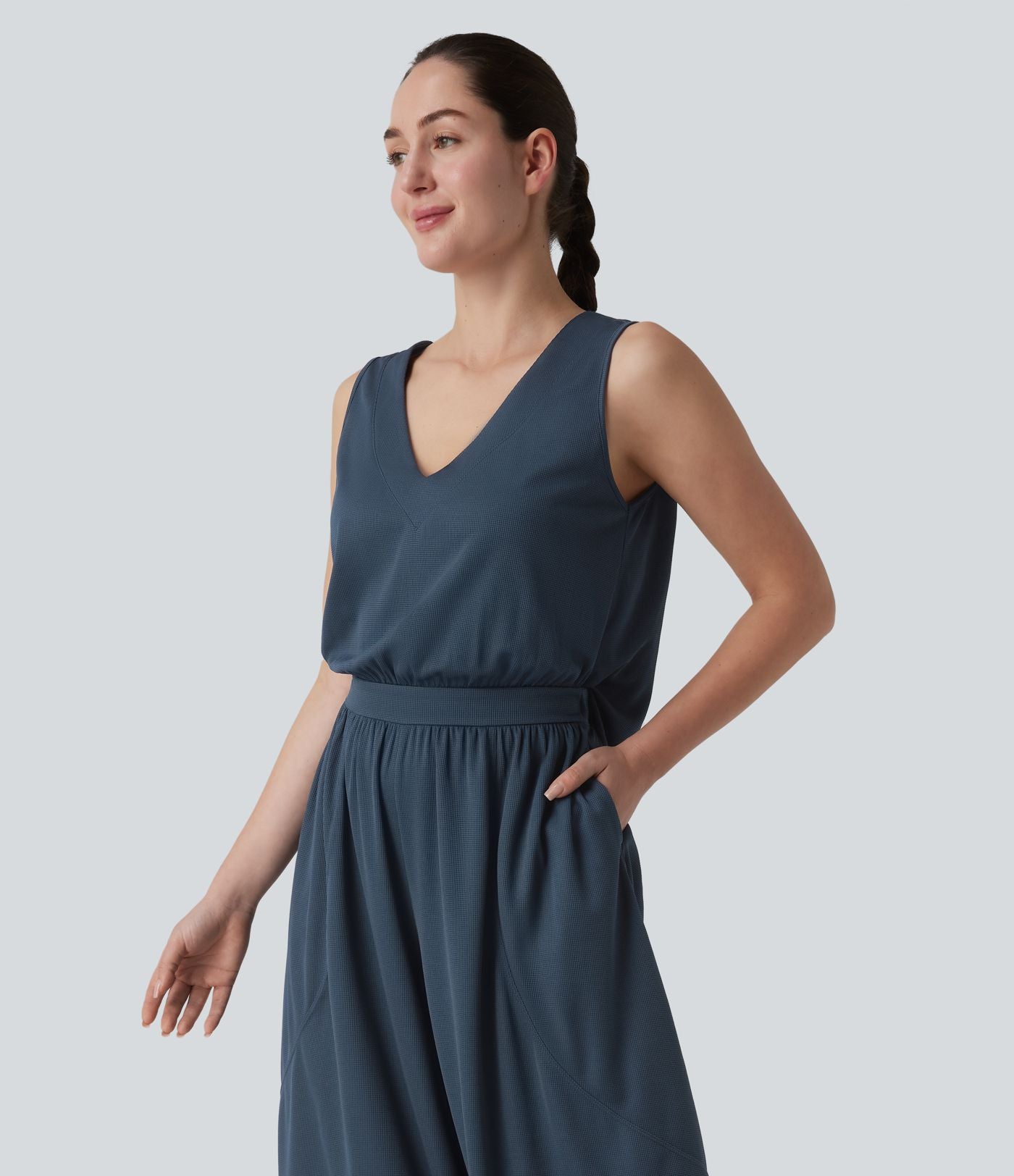 Combinaison décontractée fluide en tissu gaufré col V avec poches, Édition Easy Peasy