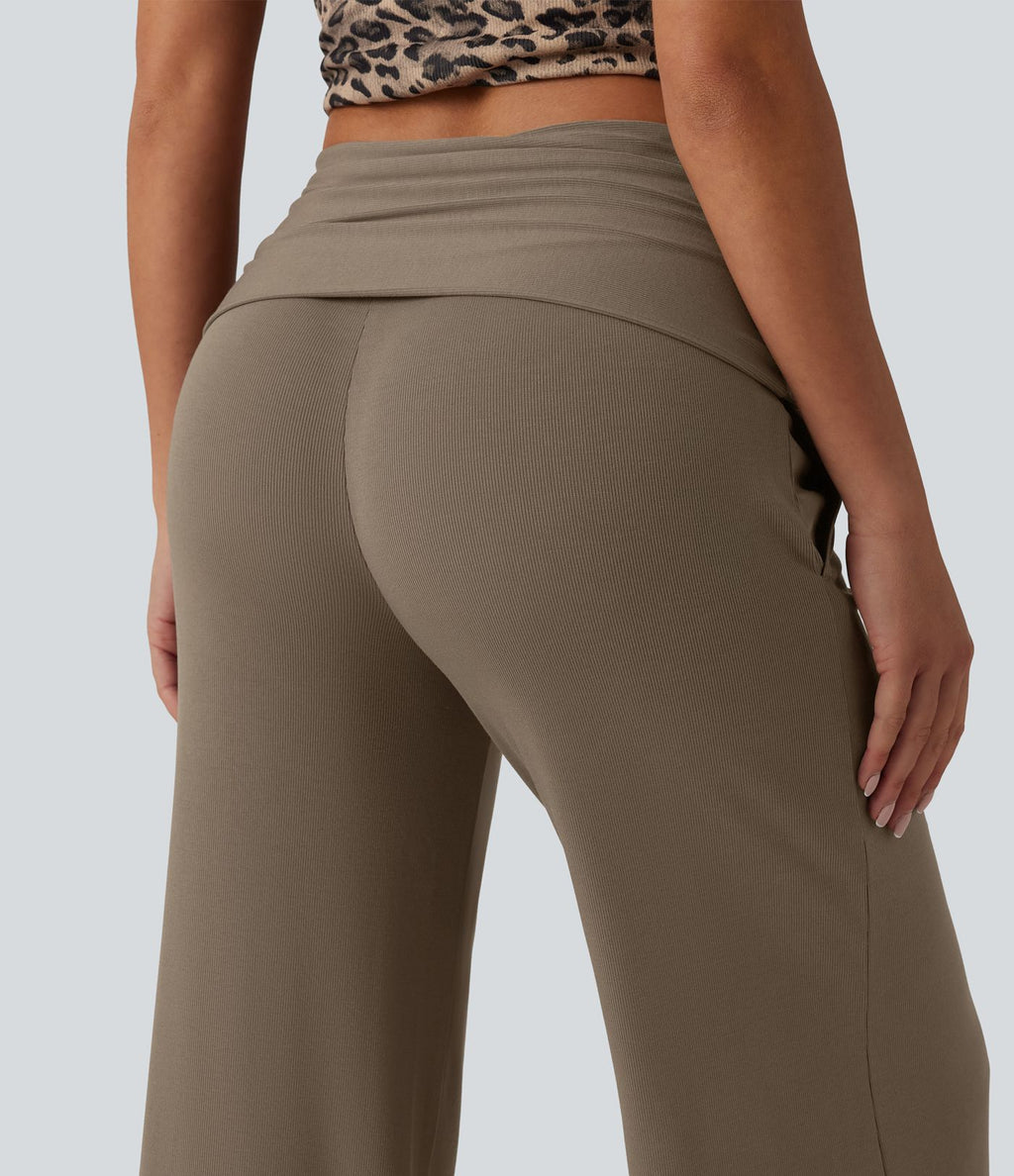 Pantalon ample décontracté en maille côtelée taille très haute rabattable avec poches