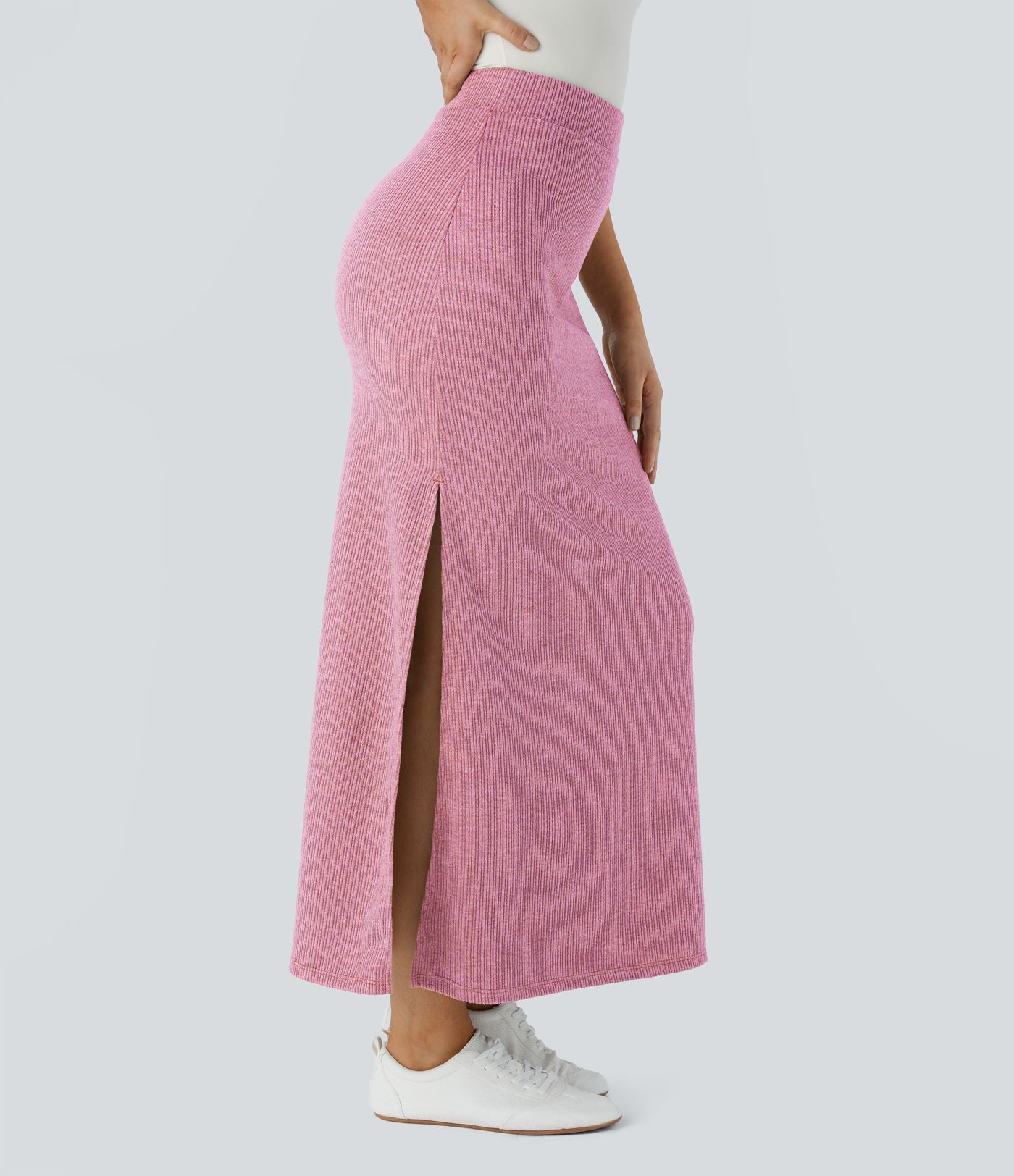 Jupe Casual Maxi à Taille Haute et Ourlet Fendu en A-Line en Côtes