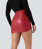 Jupe courte moulante 2-en-1 SoCinched gainante taille haute similicuir polaire froncée ourlet arrondi