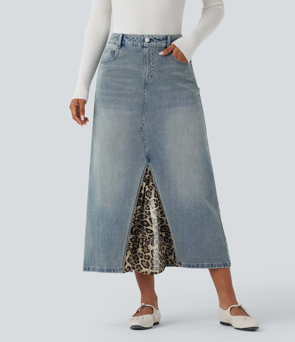 Jupe denim mi-longue Halara Flex™ évasée taille mi-haute mesh léopard contrastant avec poches