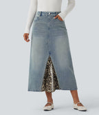Jupe denim mi-longue Halara Flex™ évasée taille mi-haute mesh léopard contrastant avec poches