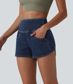Halara Flex™ Short casual en jean skinny gainant taille haute à ourlet arrondi avec poches