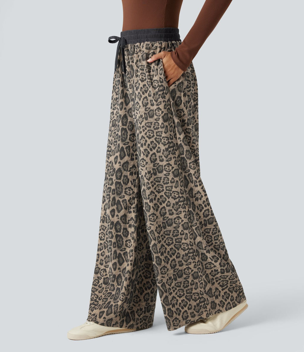 Pantalon baggy imprimé léopard taille haute avec cordon de serrage et poches