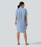 Robe casual mi-longue col manches courtes ourlet courbe avec poches