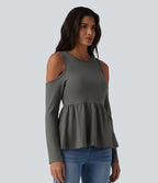 T-shirt décontracté gaufré col rond manches longues découpes ourlet à volants