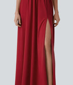 Robe longue de soirée col V, manches courtes, dos croisé à nouer, fendue avec poche latérale