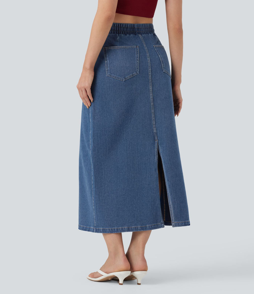 Jupe midi décontractée en denim Halara Flex™ taille haute avec cordon, fente et poches