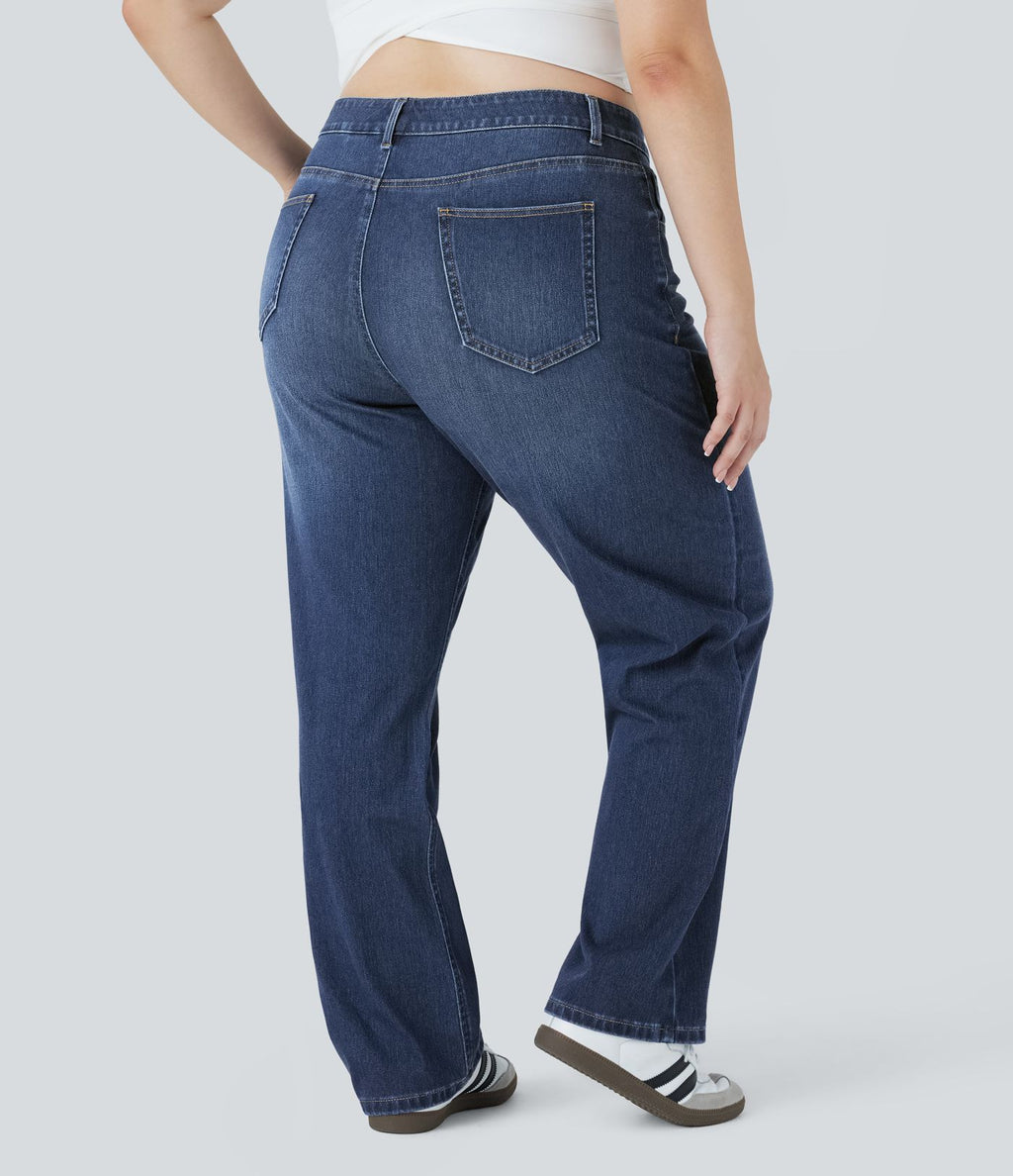 Jean décontracté Halara Flex™ grande taille, taille haute, multiples poches, jambes droites, effet délavé, en maille extensible