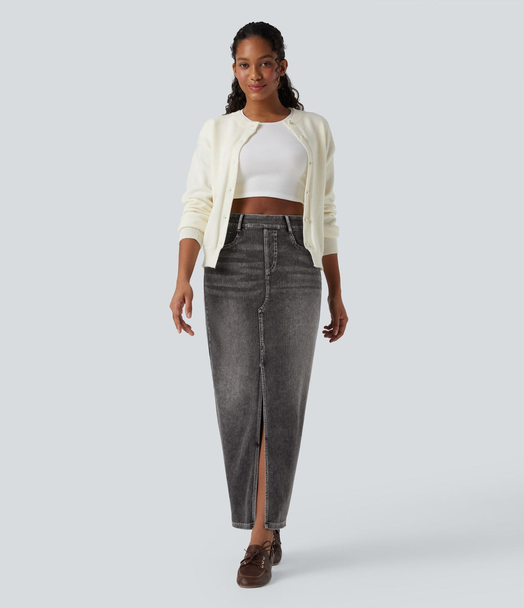 Jupe longue droite en denim délavé Halara Flex™ taille haute avec poches