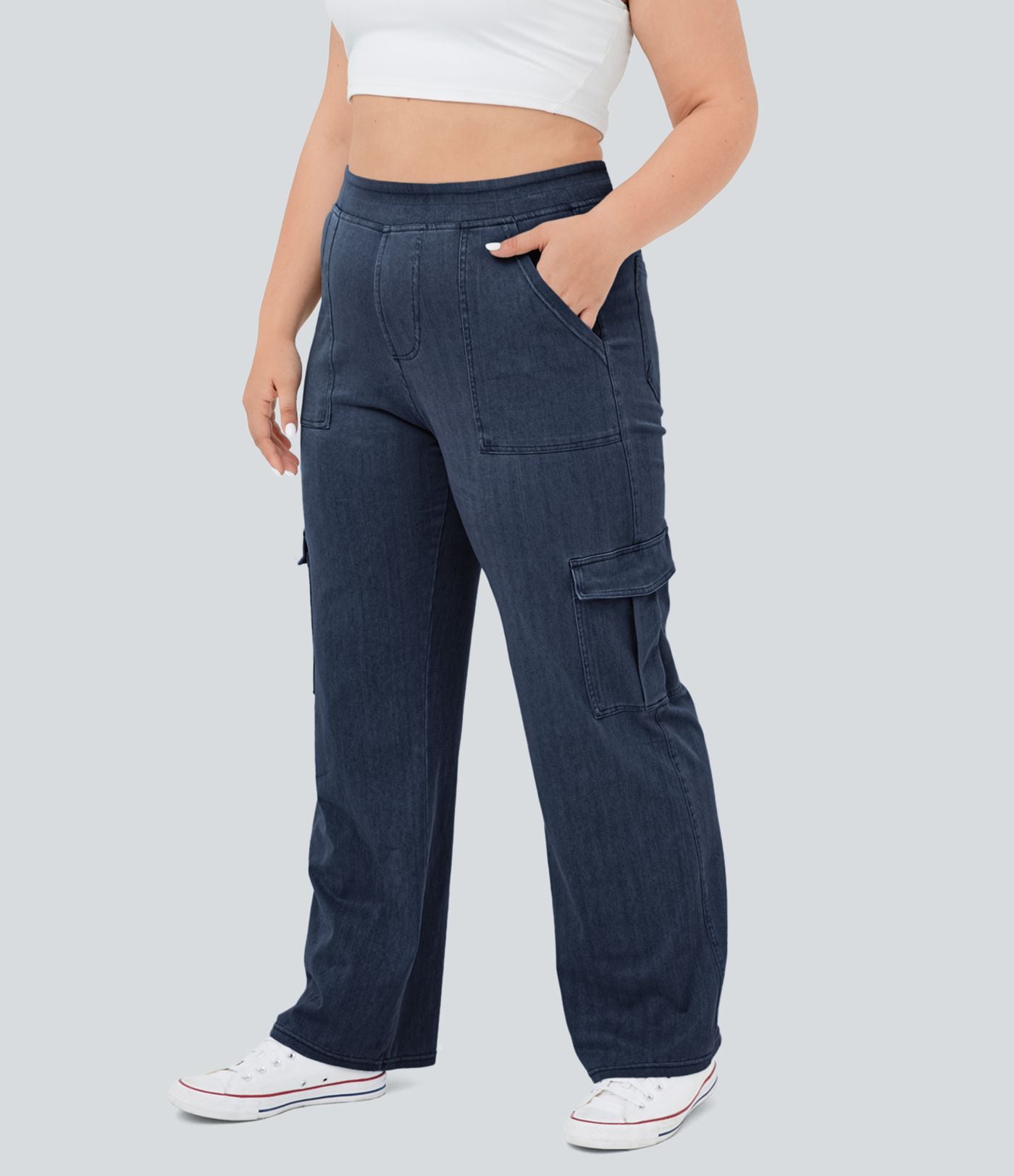 Halara Flex™ Jean Droite Cargo Taille Mi-Haute Multiples Poches Décontracté Extensible Droite Grande Taille