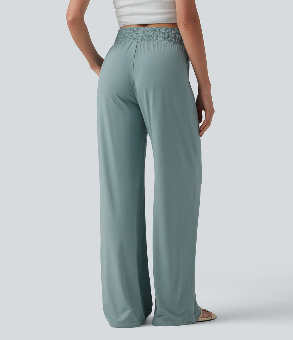 Pantalon large décontracté taille mi-haute avec cordon de serrage et poches