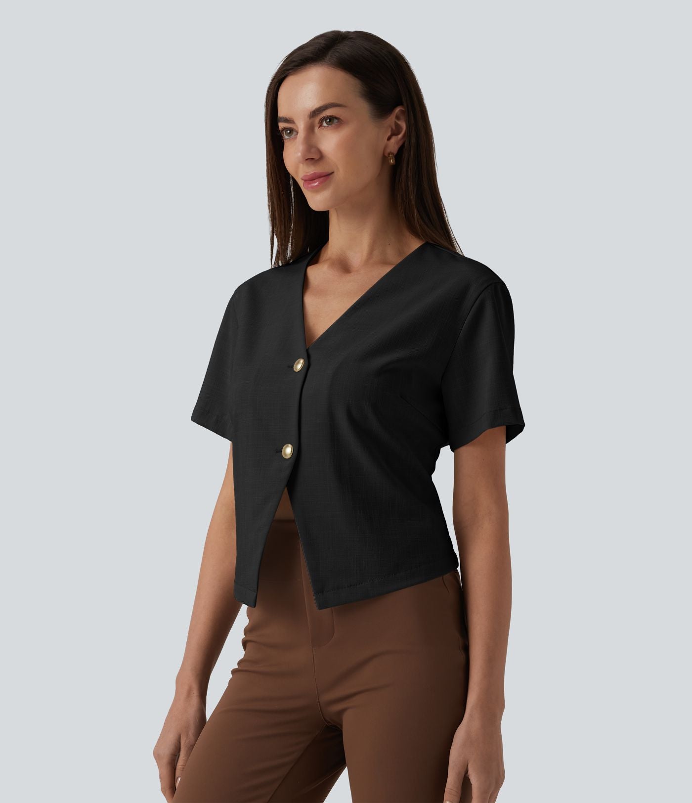 Blouse de travail col V manches courtes aspect lin