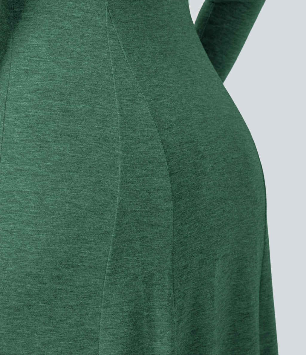 Robe de Casual Maxi Manches Longues Évasées et Boutons au Col Rond