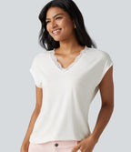 T-shirt décontracté en dentelle col V manches courtes