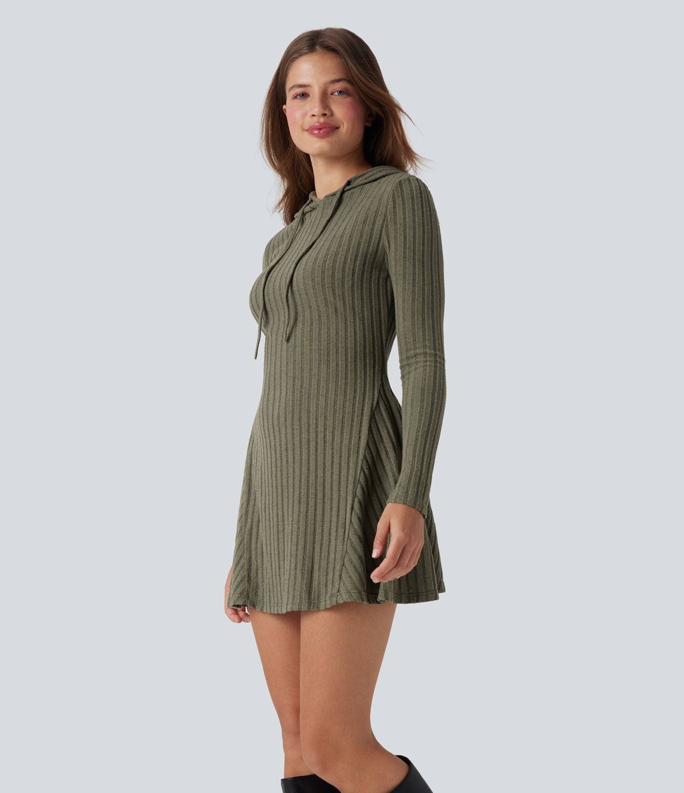 Robe décontractée mini à capuche maille côtelée manches longues avec cordon de serrage