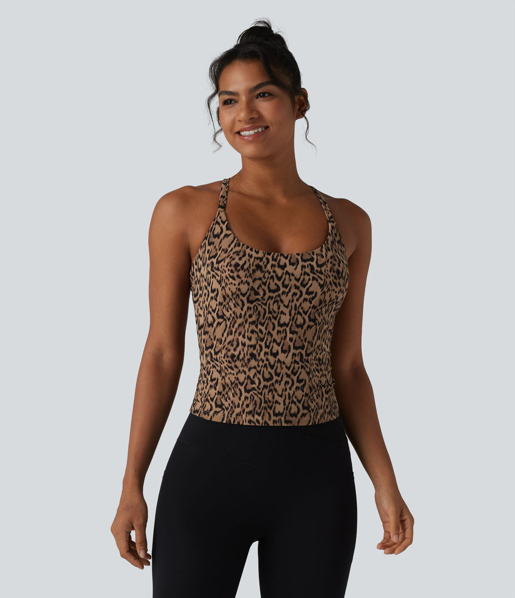 Halara UltraSculpt™ Débardeur de yoga imprimé léopard col rond échancré soutien-gorge intégré ourlet croisé