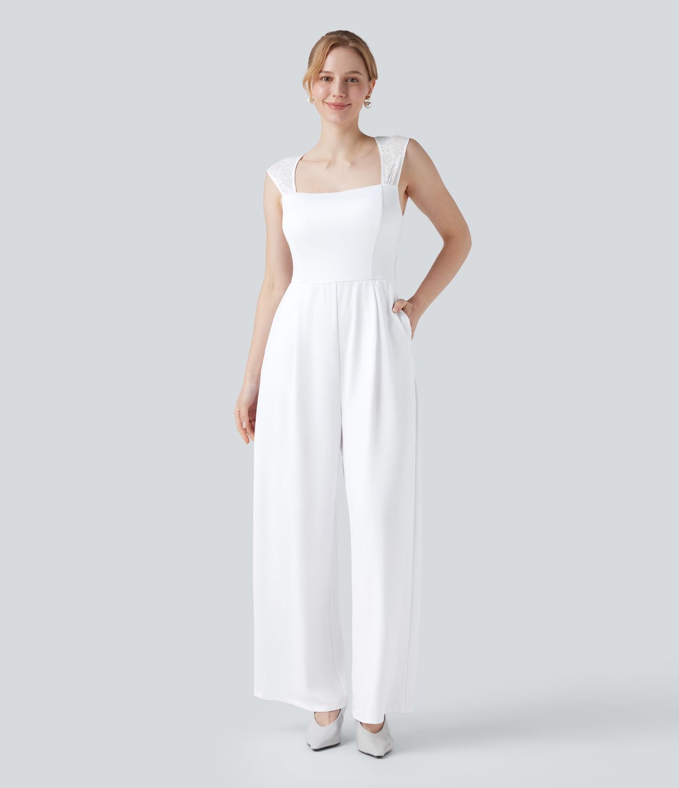Combinaison-pantalon de mariage et demoiselle d'honneur sans manches encolure carrée avec dentelle contrastée et poches - Easy Peasy