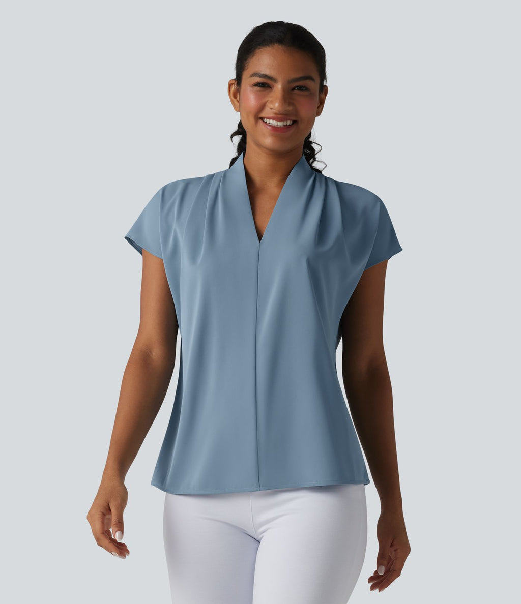 Blouse esprit bureau ample défroissage facile, col V et manches chauve-souris