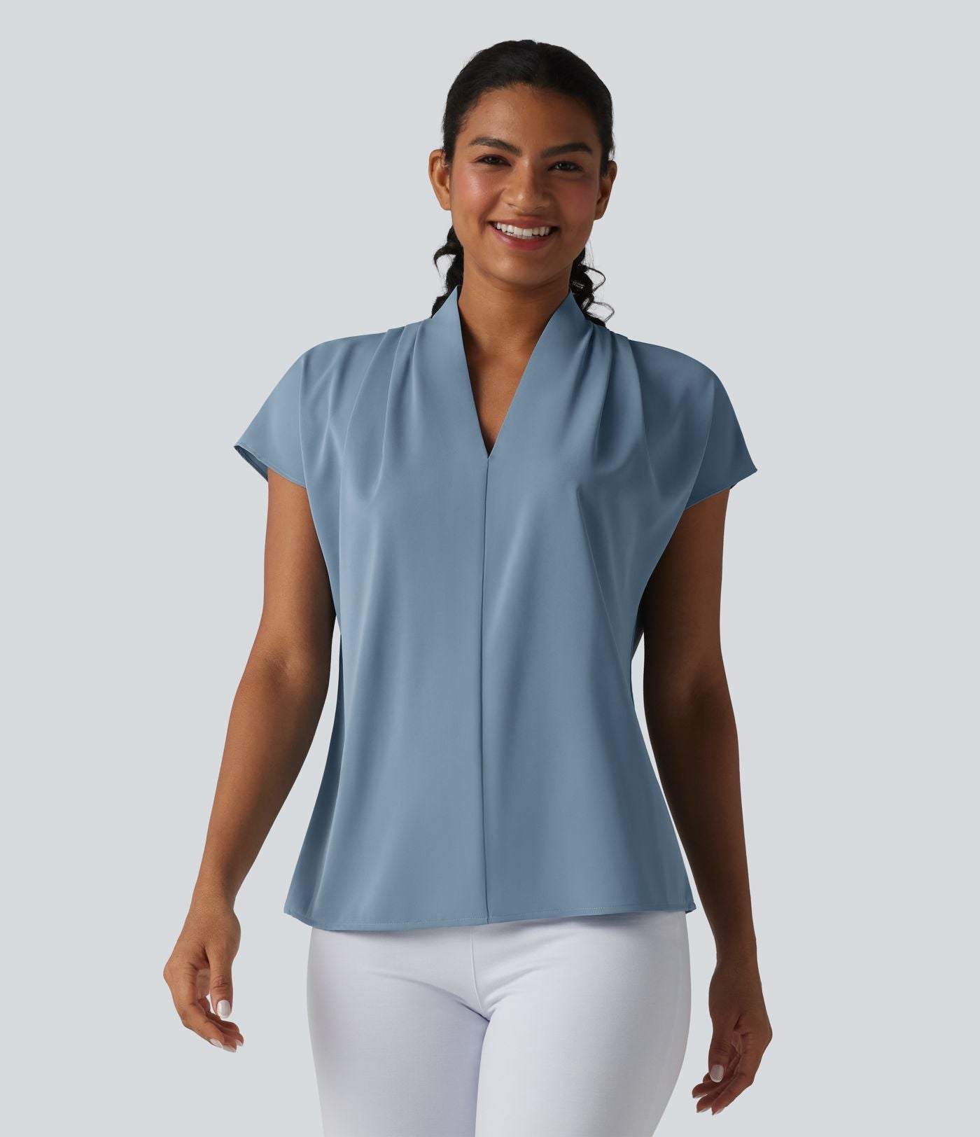 Blouse esprit bureau ample défroissage facile, col V et manches chauve-souris