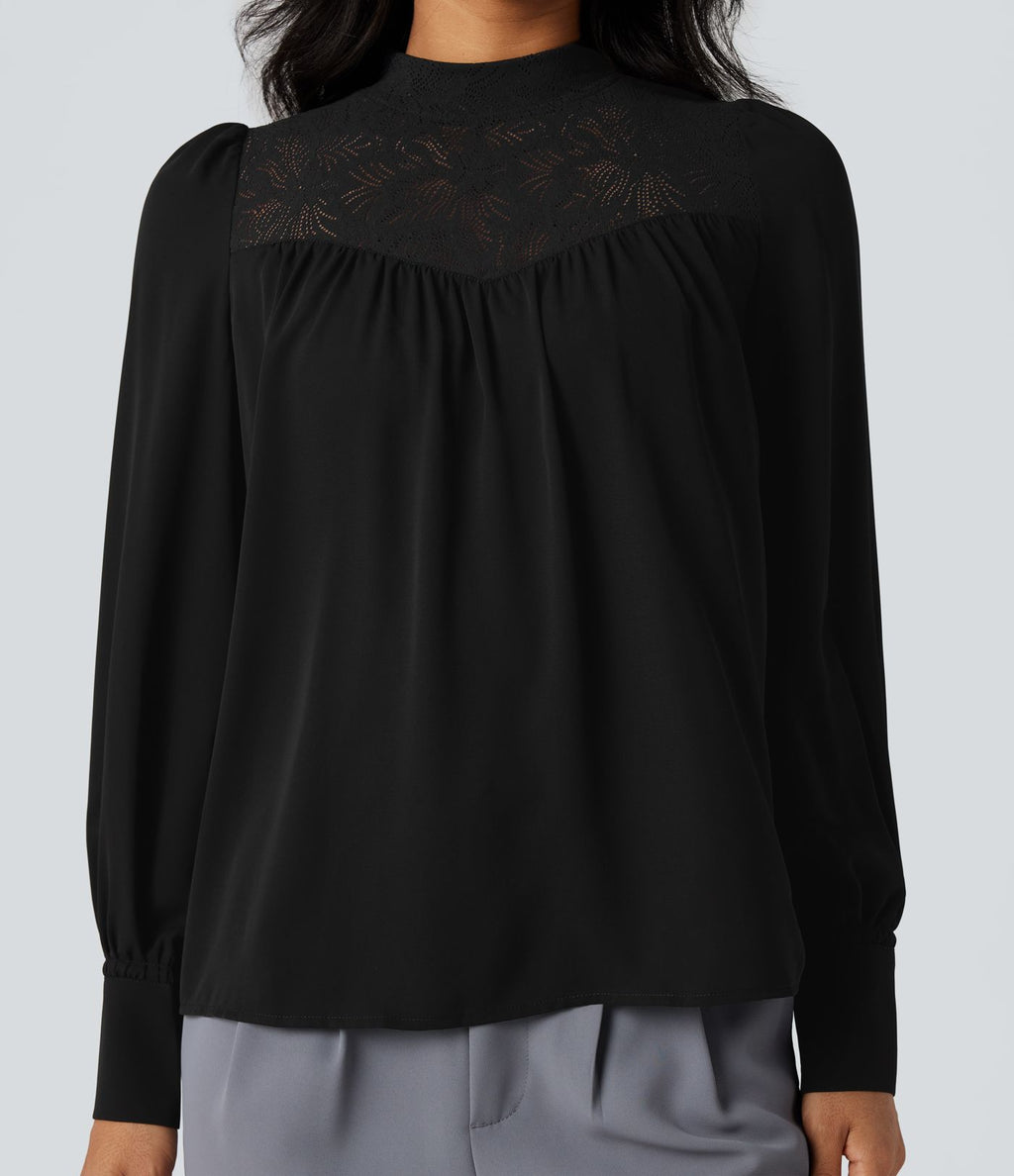 Chemise tailleur col montant dentelle contrastante manches longues