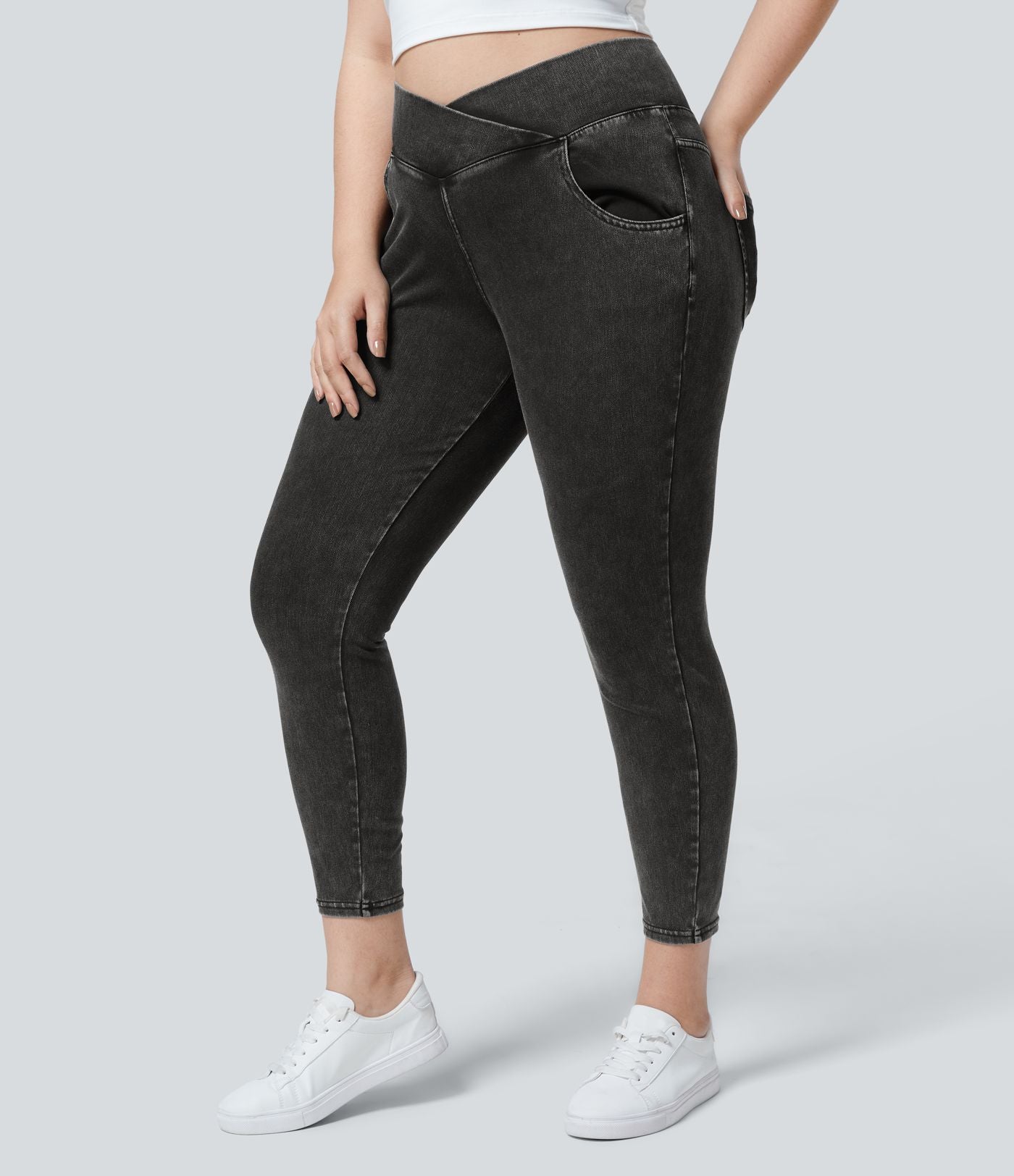 Halara Flex™ Legging Travail  7/8 Taille Croisée en Denim Tricot Extensible Taille Haute Poches Multiples Grande Taille