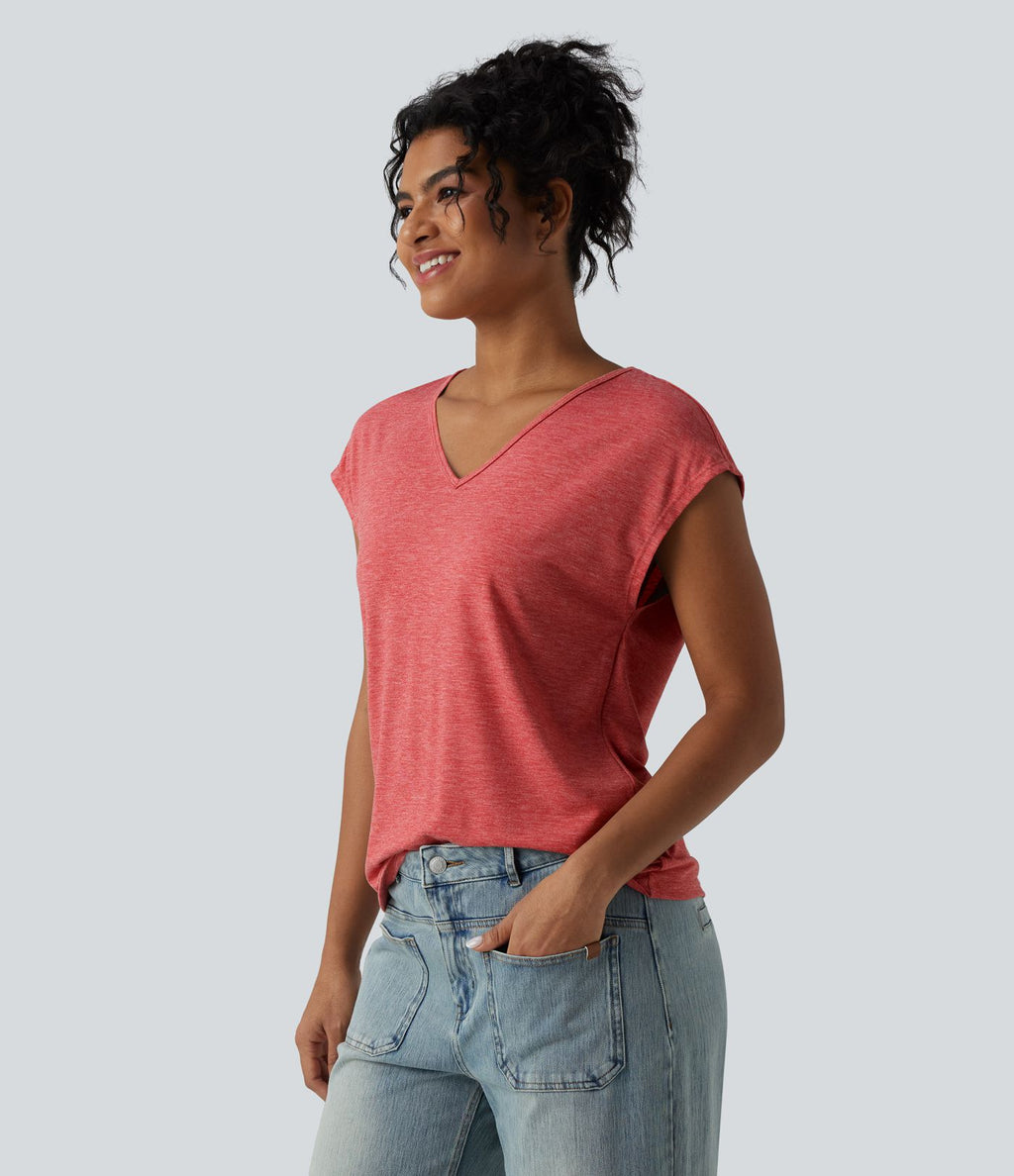T-shirt décontracté chiné ample à manches courtes et col V