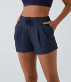 Short 7,5cm Casual à Taille Moyenne avec Ceinture Élastique Cordon de Serrage et Poches Latérales Ruchées