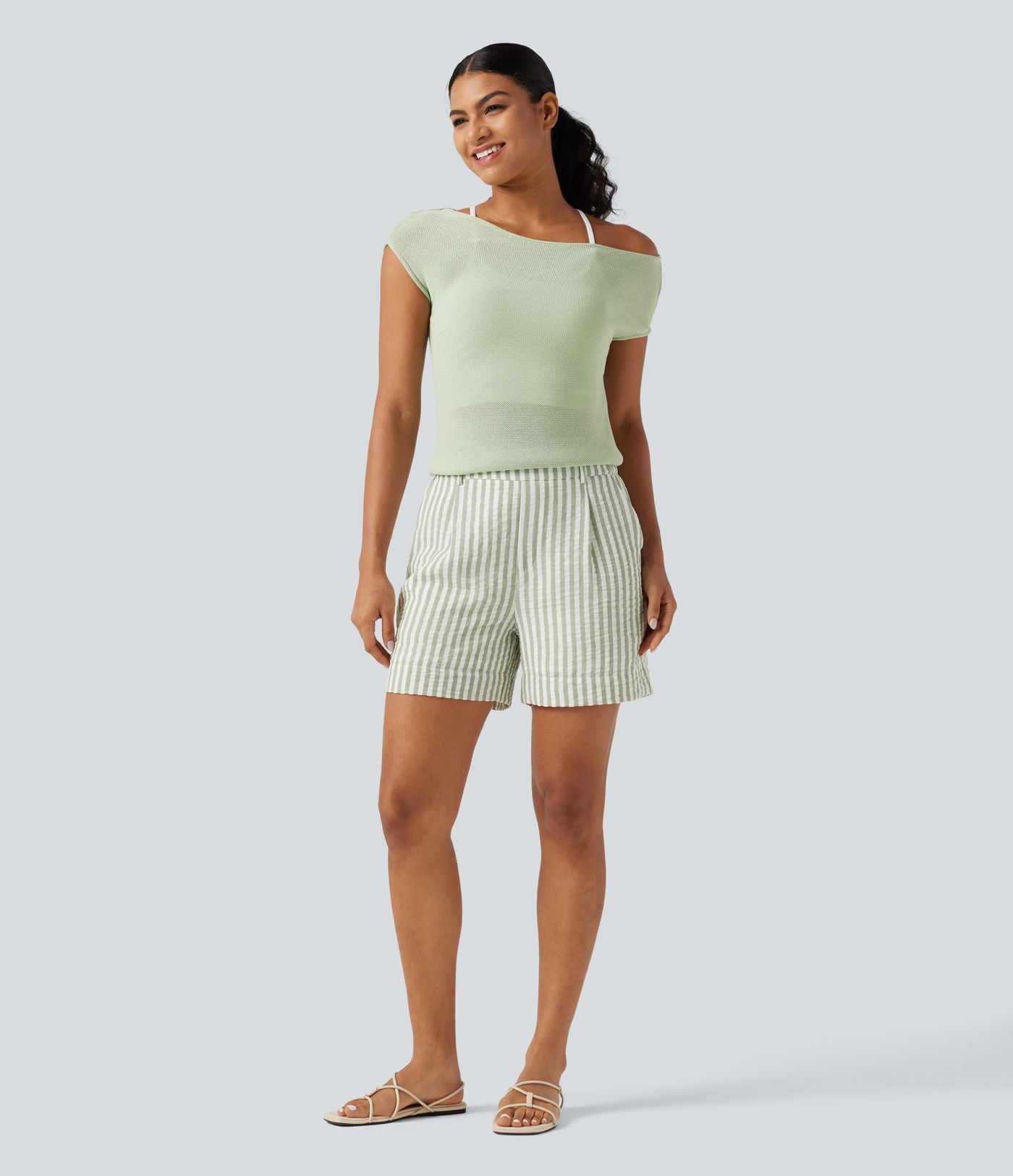 Short casual taille haute à rayures avec poches et aspect lin