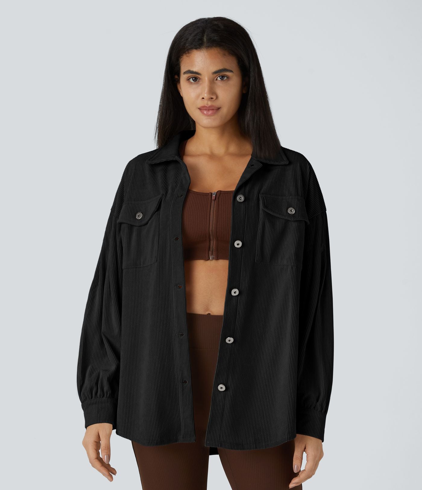 Veste Casual en Velours Côtelé à Col Boutonné Poches et Manches Longues Ourlet Courbé