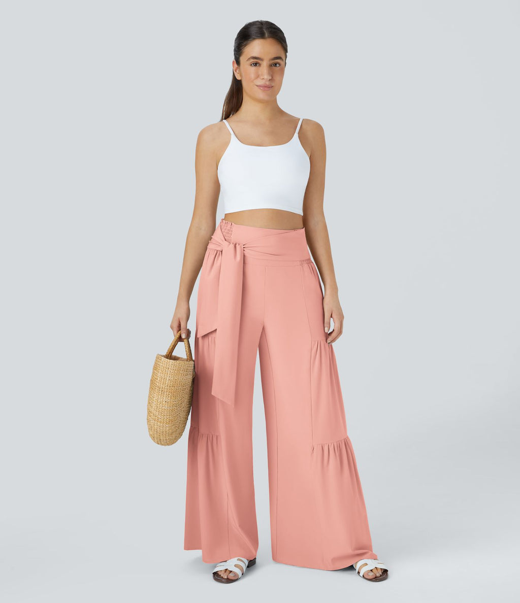 Breezeful™ Pantalon Large Casual Taille Haute Froncé à Nouer Devant et Dos Fluide Séchage Rapide