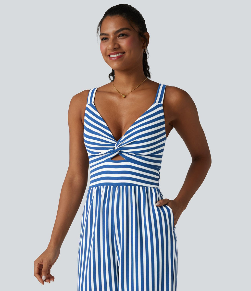 Combinaison casual sans manches à rayures en nid d'abeille torsadée froncée fermeture éclair invisible avec soutien-gorge intégré et poches - Easy Peasy