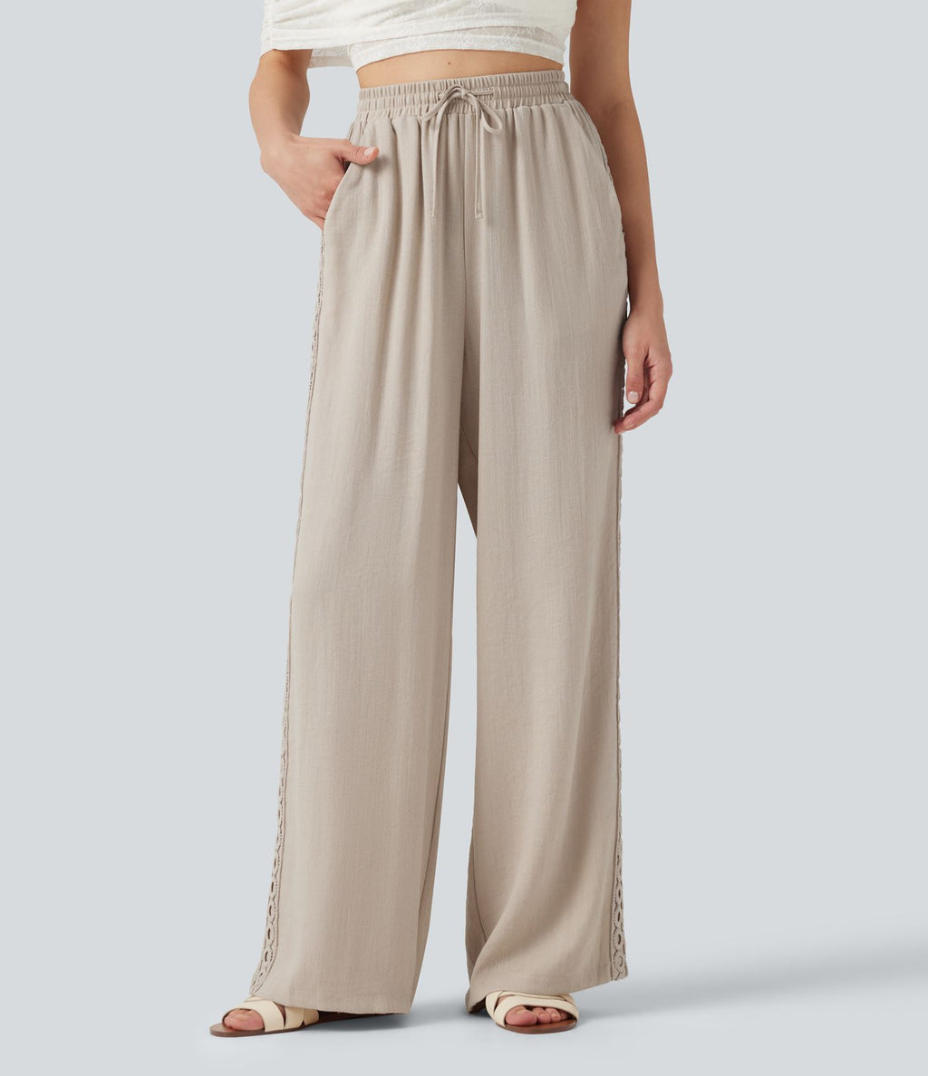 Pantalon décontracté taille haute à cordon de serrage, effet lin, avec poches