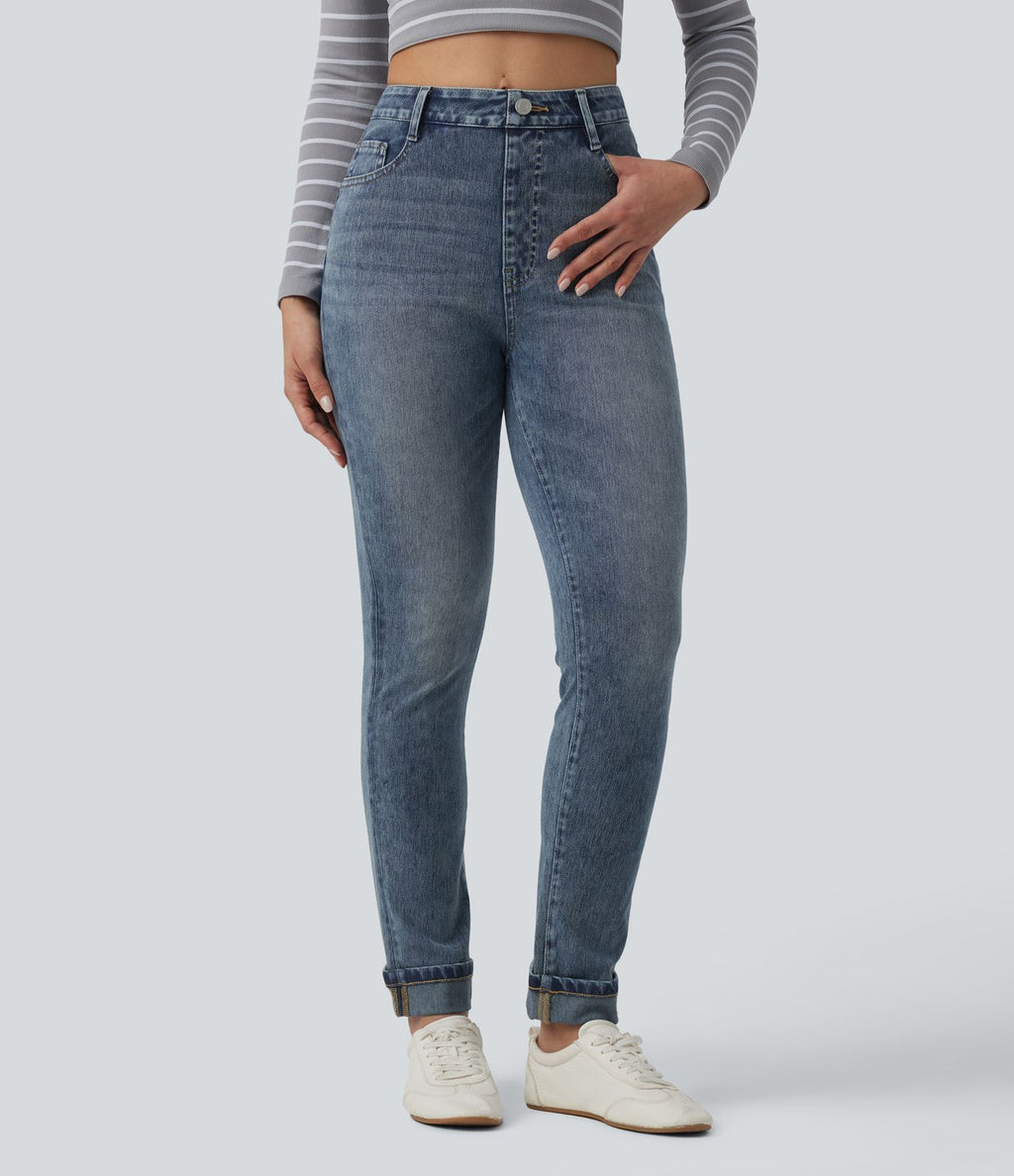 Halara Flex™ Jean slim casual taille haute à ourlet retroussé avec poches
